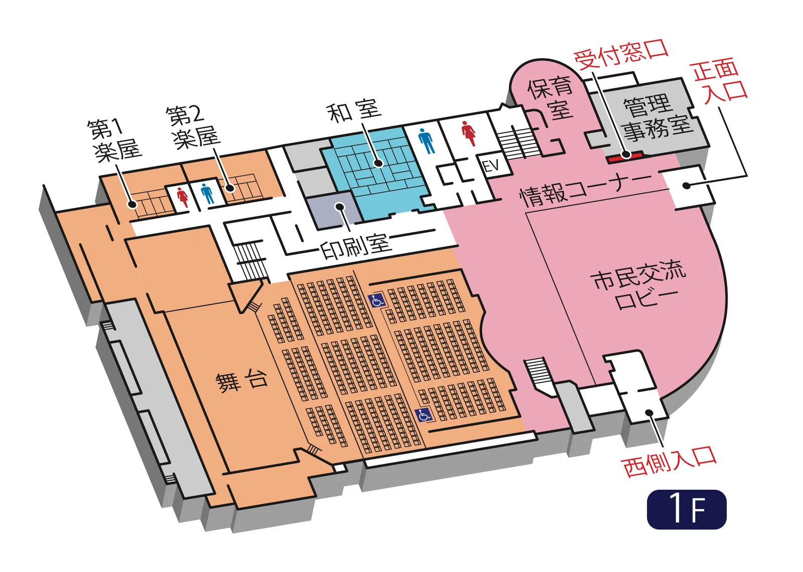1階フロアマップ。ホール、第1・第2楽屋、和室、印刷室、保育室、情報コーナー、市民交流ロビーの配置