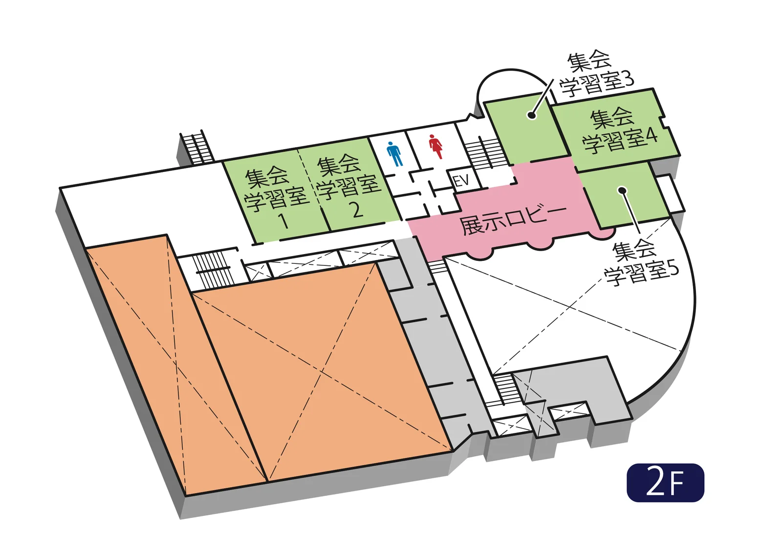 2階フロアマップ。集会学習室1〜5と展示ロビーの配置