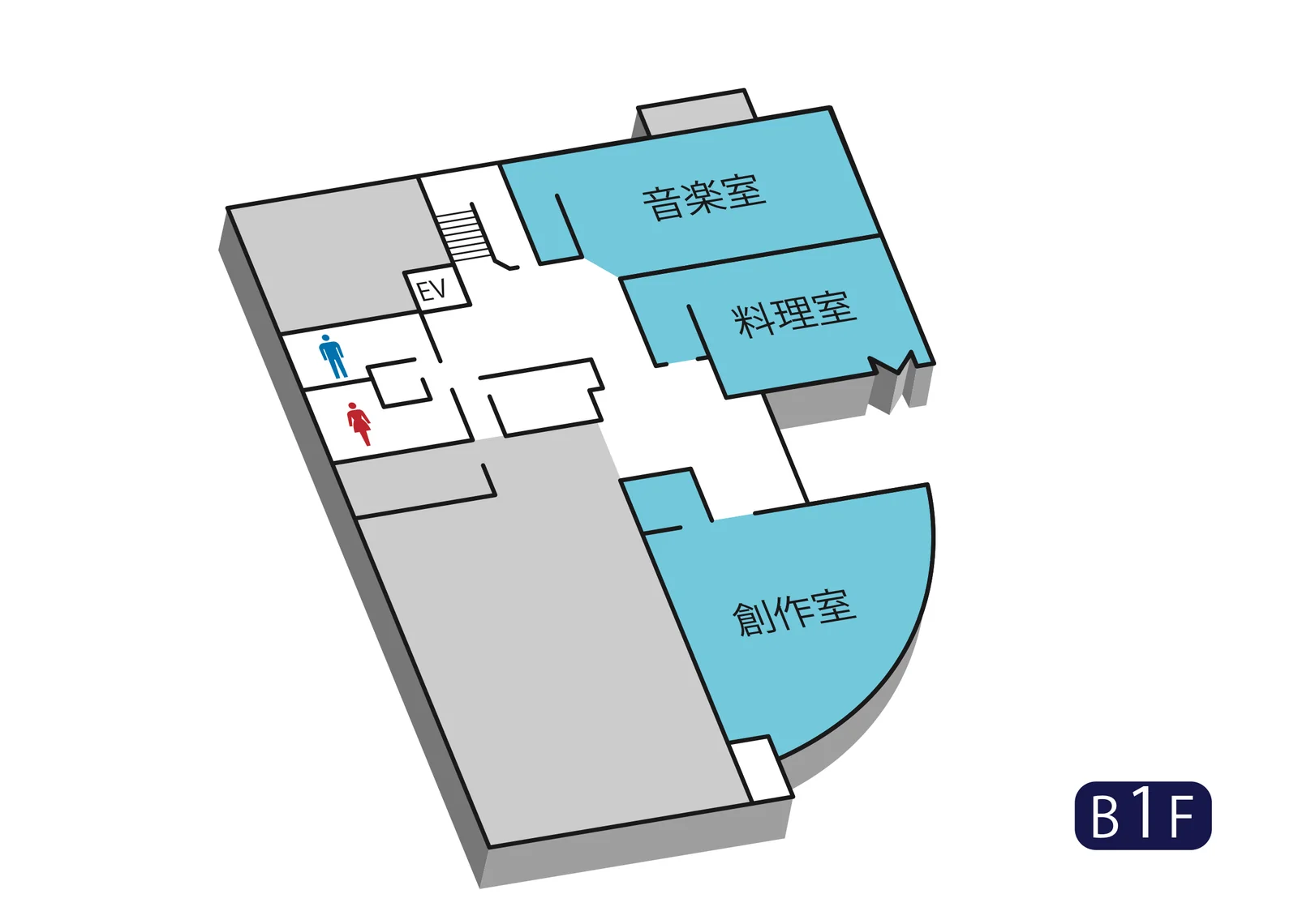 地下1階フロアマップ。音楽室、料理室、創作室の配置